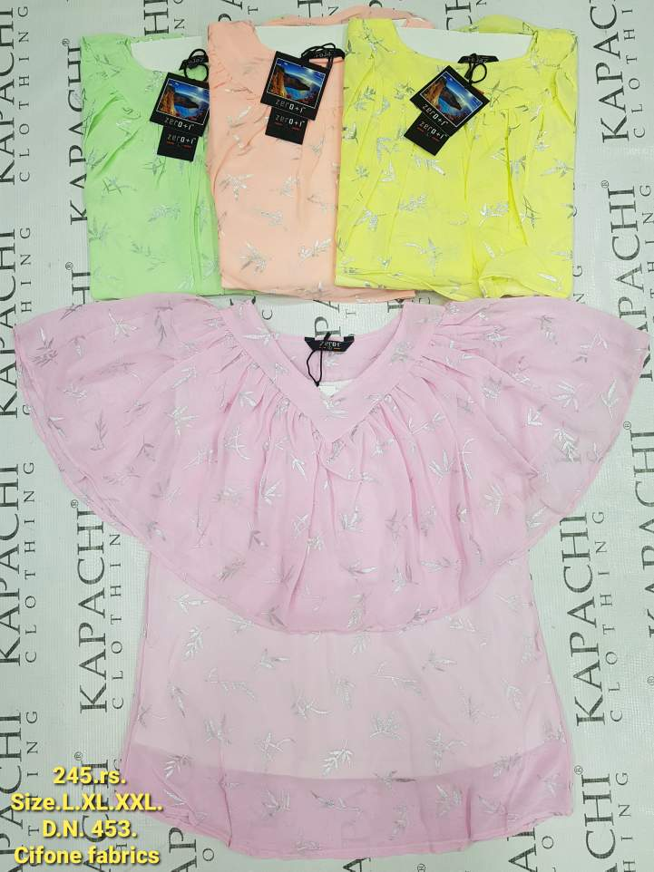 Women's Foil Print Flutter Sleeve Chiffon Top in Baby Pink, Mint Green, Peach and Lemon Yellow – D.N. 453 by Zero+F