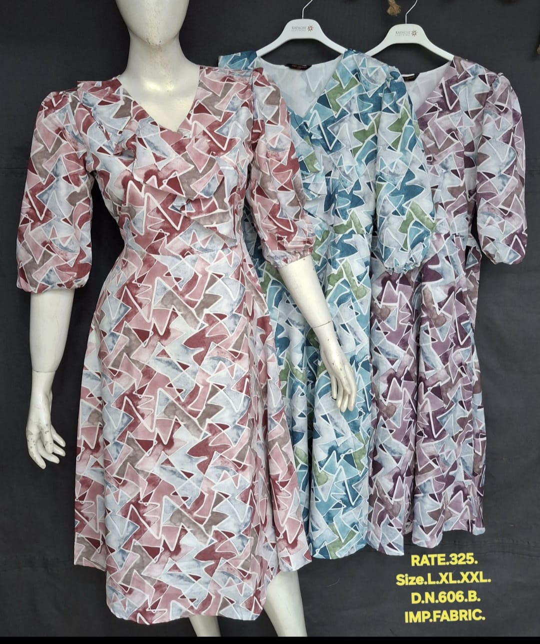 Geometric Triangle Print Ruffle Collar Midi Dress for Women - Puff Sleeves A-Line - Sizes L XL XXL - 3 Colour Variants - D.No. 606-B - Kapachi Clothing