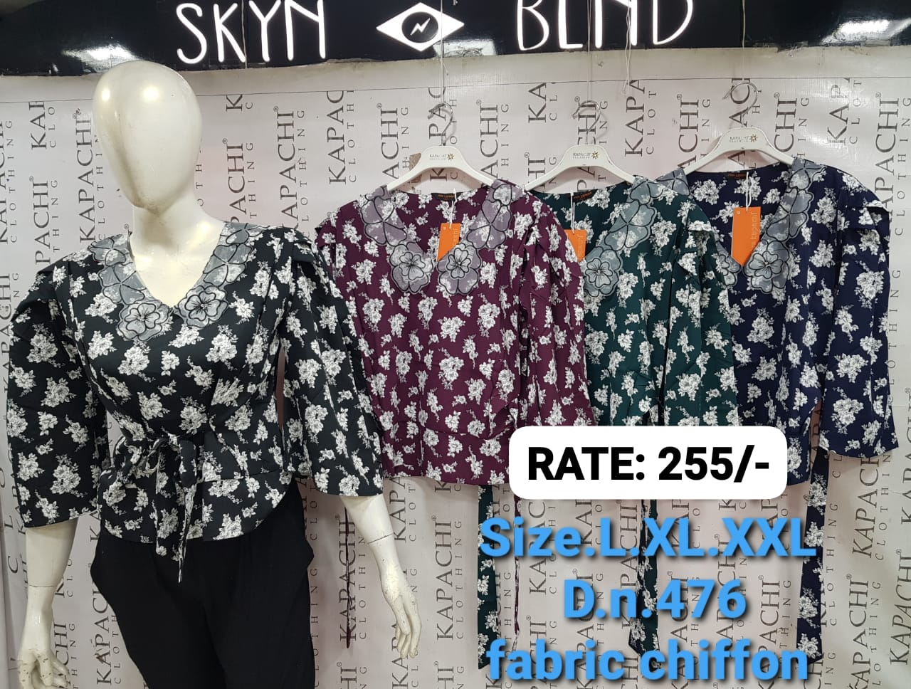 Floral Chiffon Wrap Tie-Knot Top D.N. 476 – Black, Wine, Teal – Organza Applique Neckline – Kapachi Clothing