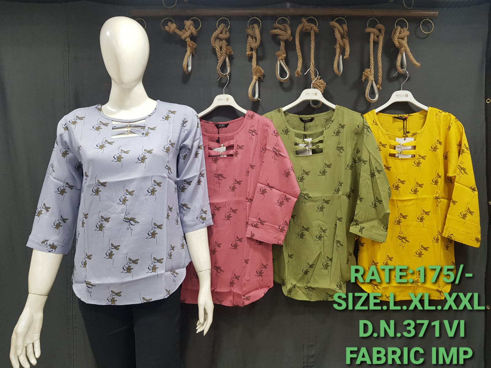 Women's Floral Print Ladder Neck Imported Fabric Top in Steel Blue, Dusty Rose, Olive Green and Mustard Yellow – D.N. 371VI