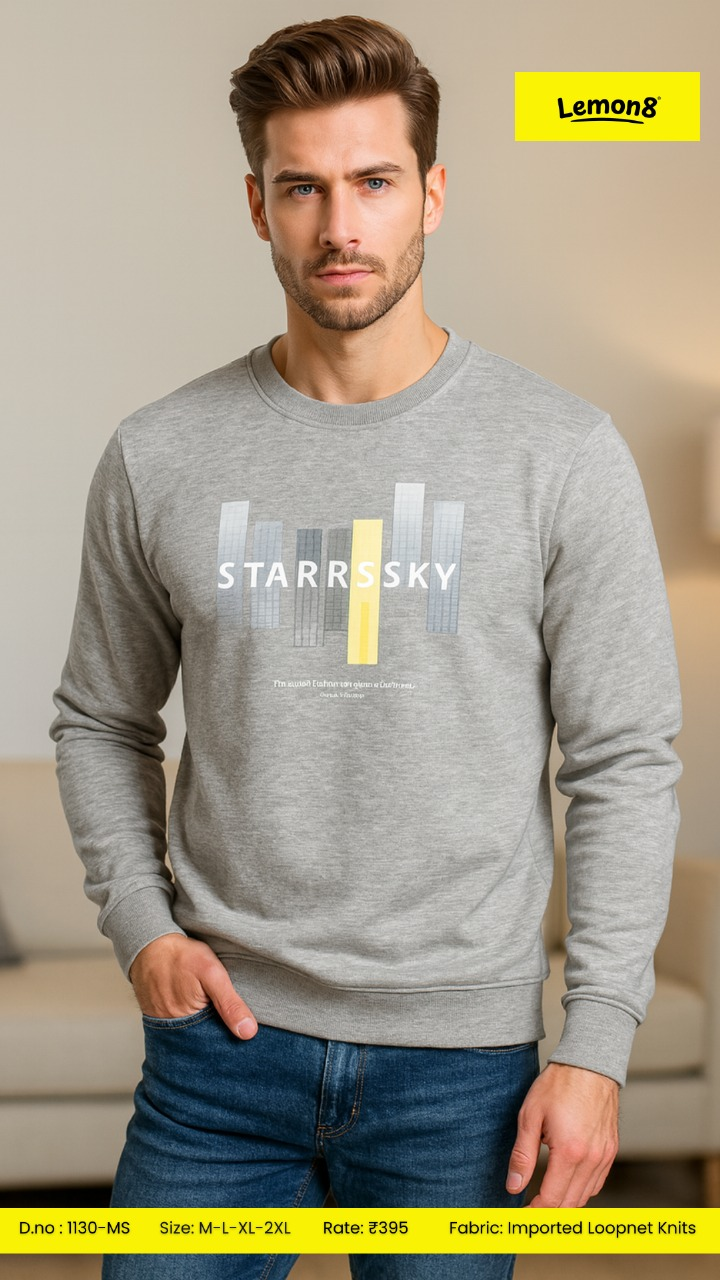 Men's Starrsky Geometric Graphic Crew Neck Sweatshirt in Grey Melange with yellow accent typographic print