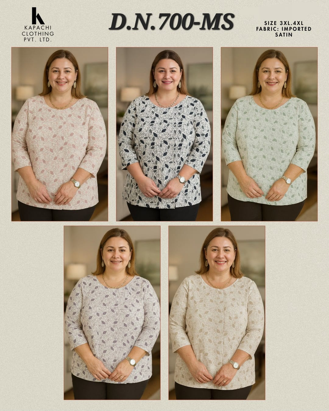 Satin Leaf Print Tunic Top for Women Plus Size 3XL 4XL - Round Neck 3/4 Sleeve - 5 Colour Variants - D.No. 700-MS - Kapachi Clothing