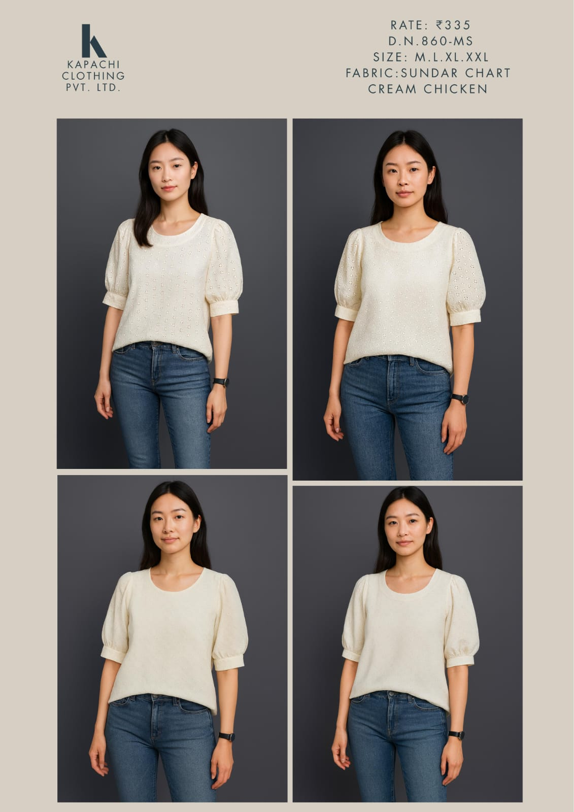Cream Chickankari Puff Sleeve Top in Sundar Chart Fabric - Kapachi Clothing