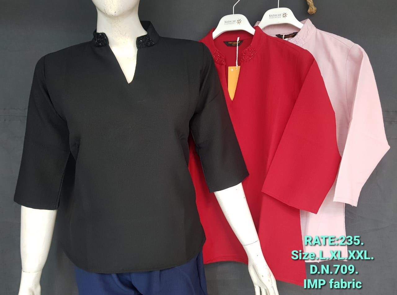 DN 709 Embroidered Collar Neck Plain Top in Black, Red and Blush Pink - IMP Fabric 3/4 Sleeve