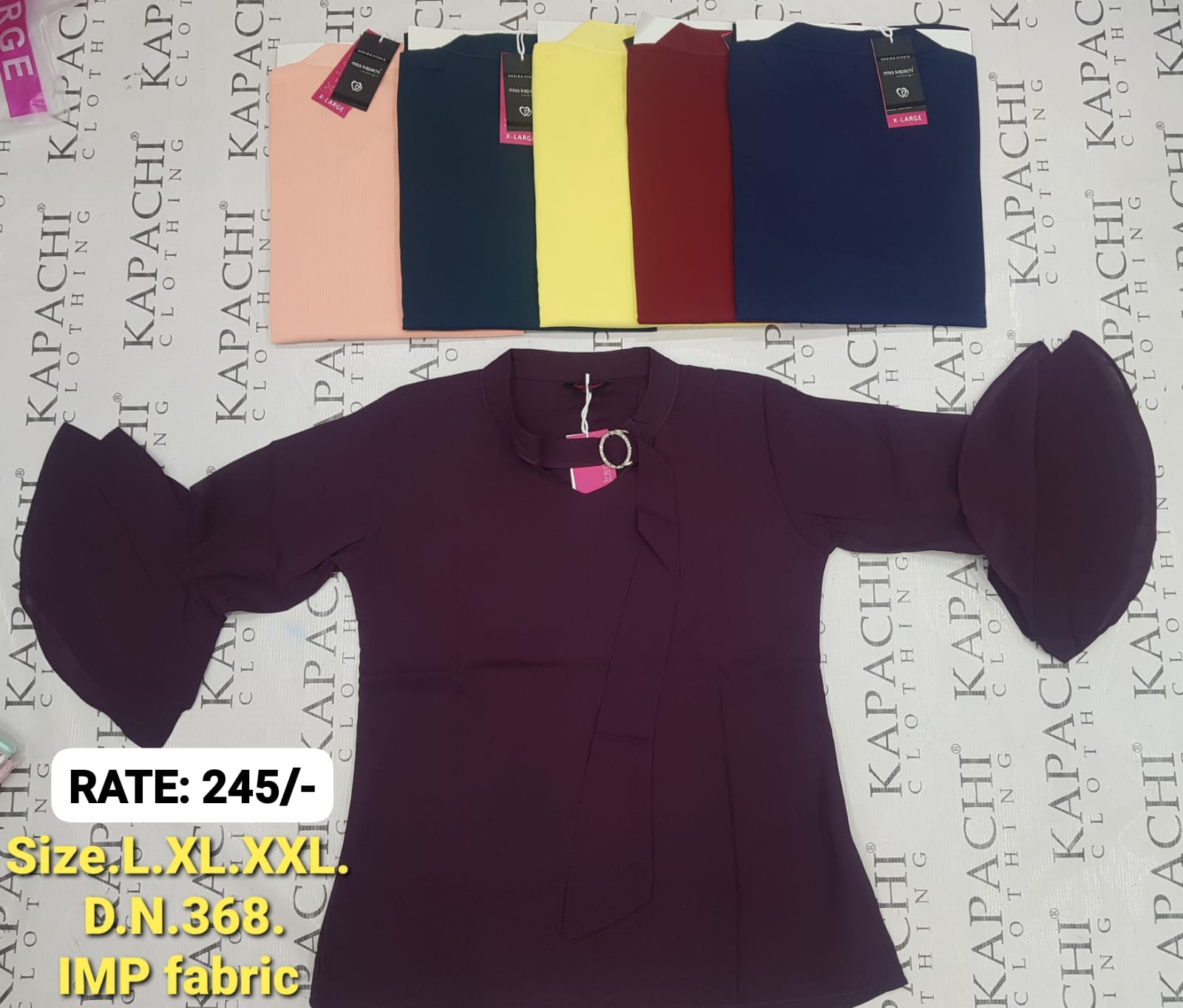 Women's Bell Sleeve V-Neck Top in Dark Plum, Peach, Teal Green, Yellow, Maroon and Navy Blue – D.N. 368