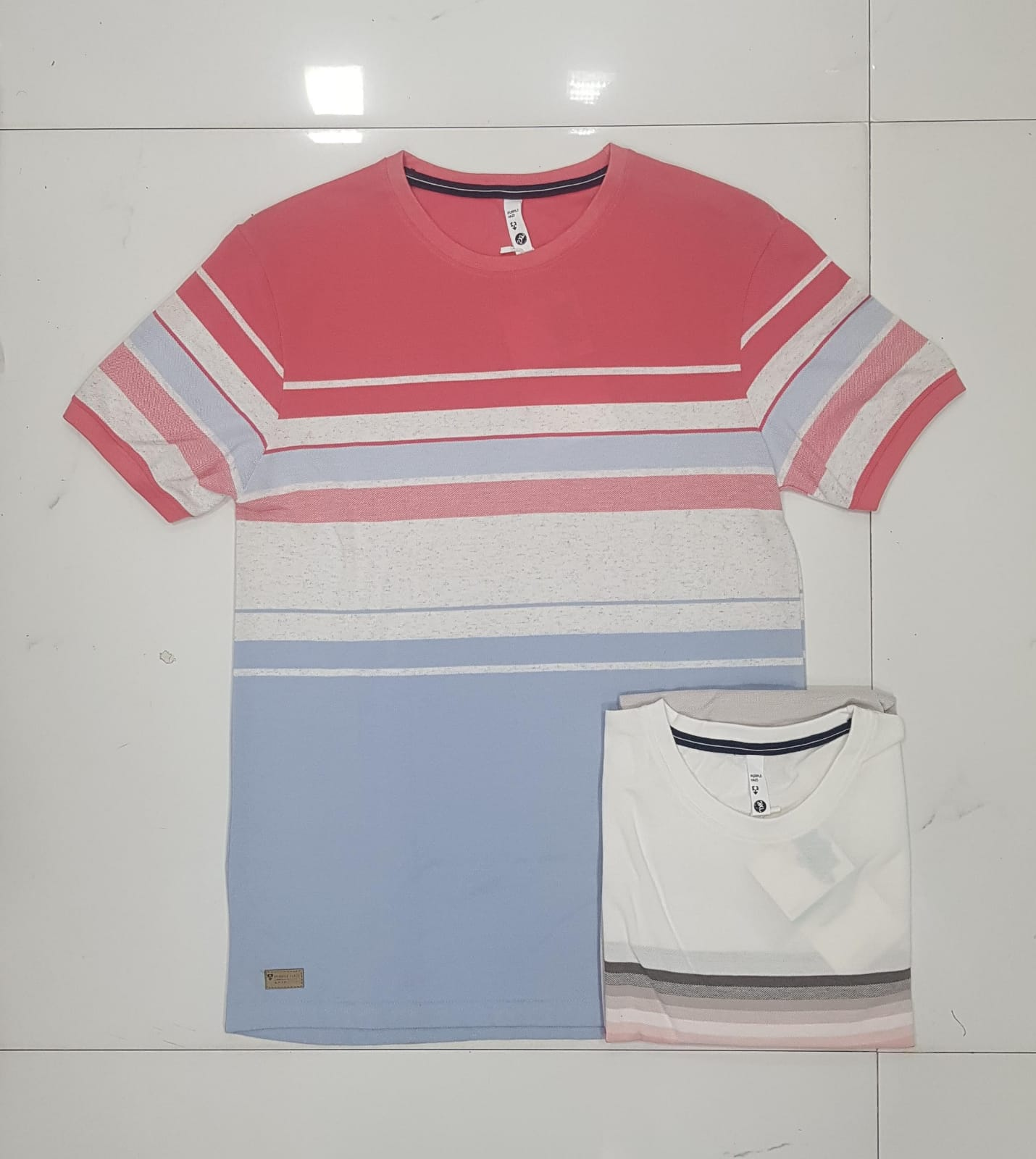 Men's Colourblock Striped Round Neck Half Sleeve T-Shirt - Coral Pink White Sky Blue