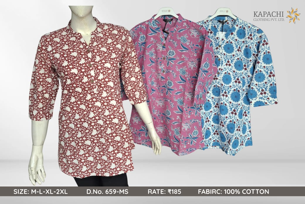 100% Cotton Floral Print Short Kurti in Maroon White Pink Blue - Kapachi Clothing