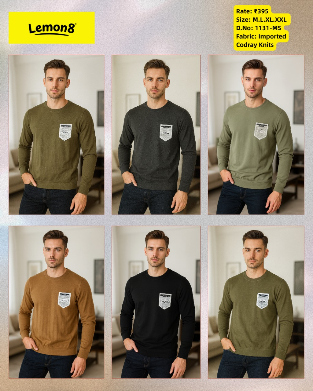 Men's NOW Badge Patch Crew Neck Sweatshirt in 6 earth tone colours - Olive, Charcoal, Sage, Tan, Black and Moss Green