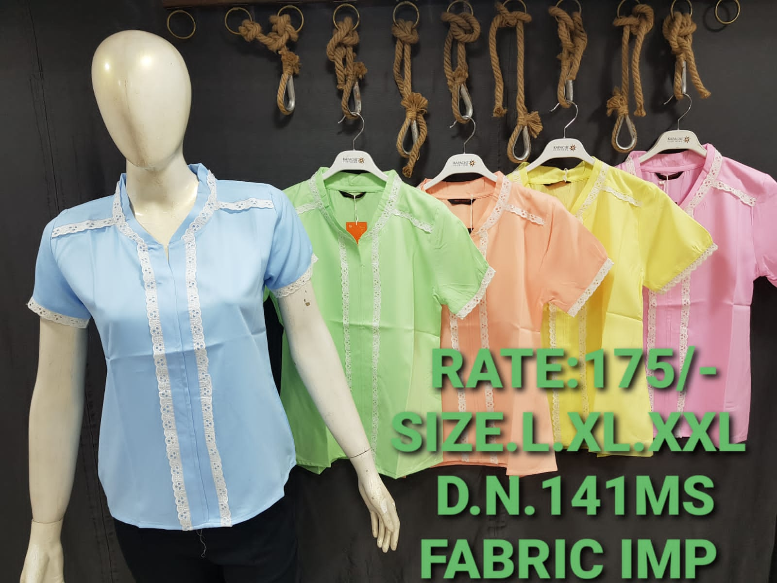 Pastel Schiffli Lace Trim Imported Top D.N. 141MS – Sky Blue, Green, Peach, Yellow, Pink – Kapachi Clothing