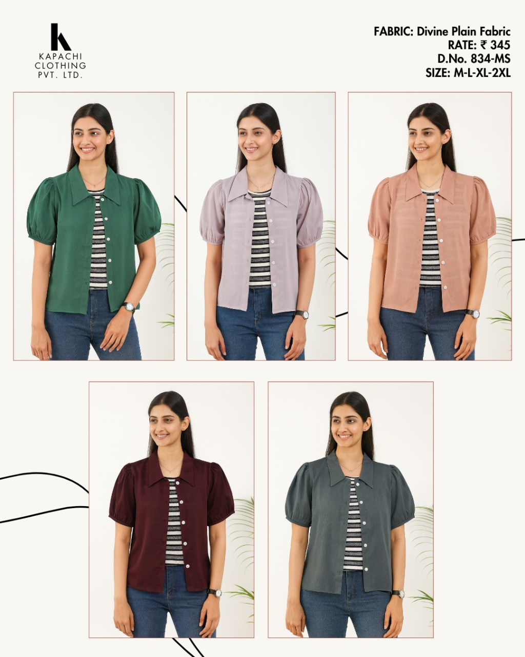 DN 834-MS Puff Sleeve Plain Shrug Top in Green, Lavender, Peach, Maroon and Grey - Divine Plain Fabric