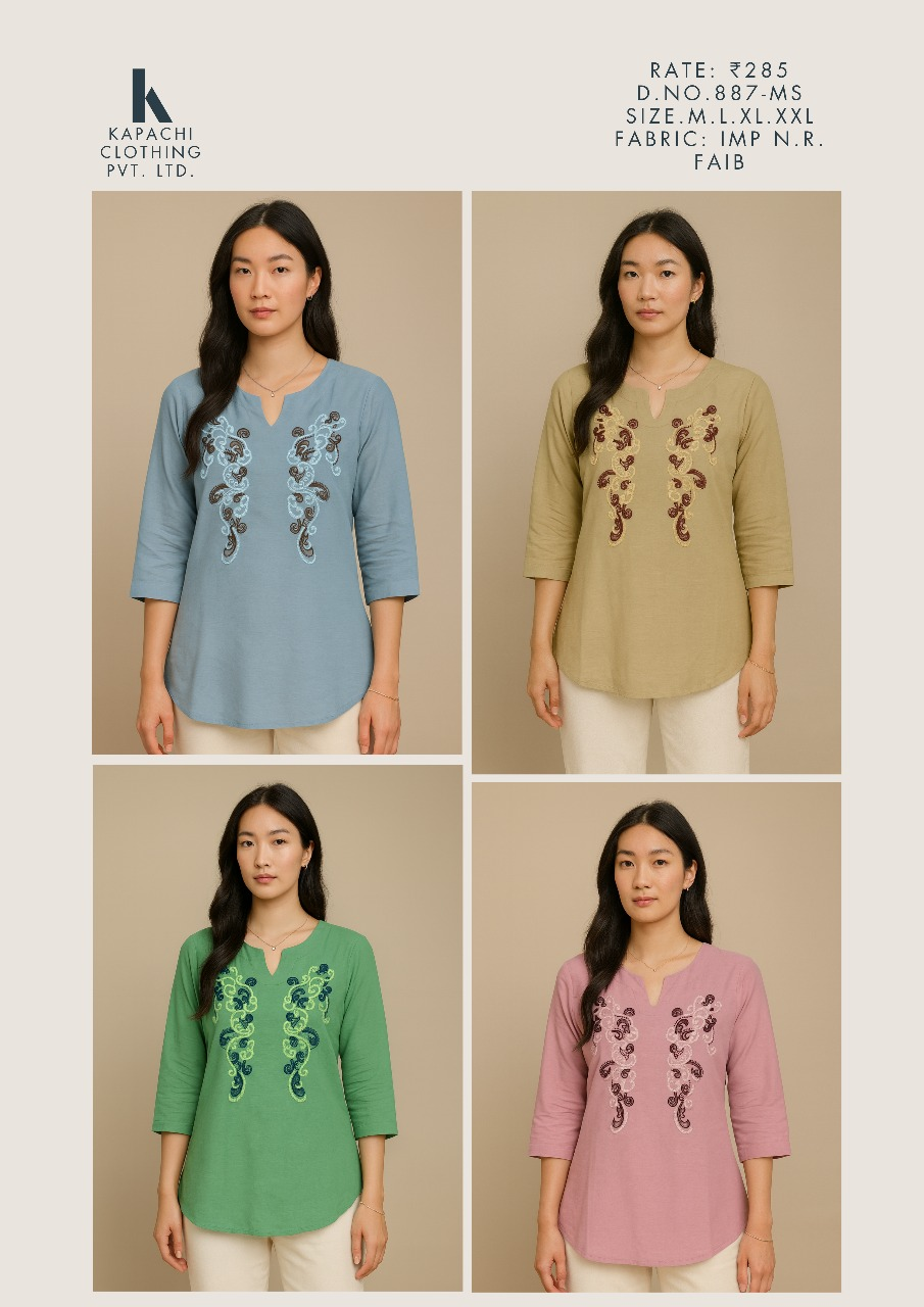 Miss Kapachi D.N. 887-MS Paisley Embroidered Solid Tunic Top in Steel Blue, Olive Khaki, Mint Green and Dusty Rose Pink – front view