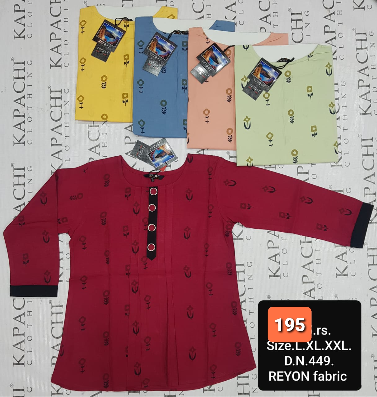 Block Print Rayon A-Line Top D.N. 449 – Wine, Yellow, Blue, Peach, Mint – Ring Button Placket – Kapachi Clothing