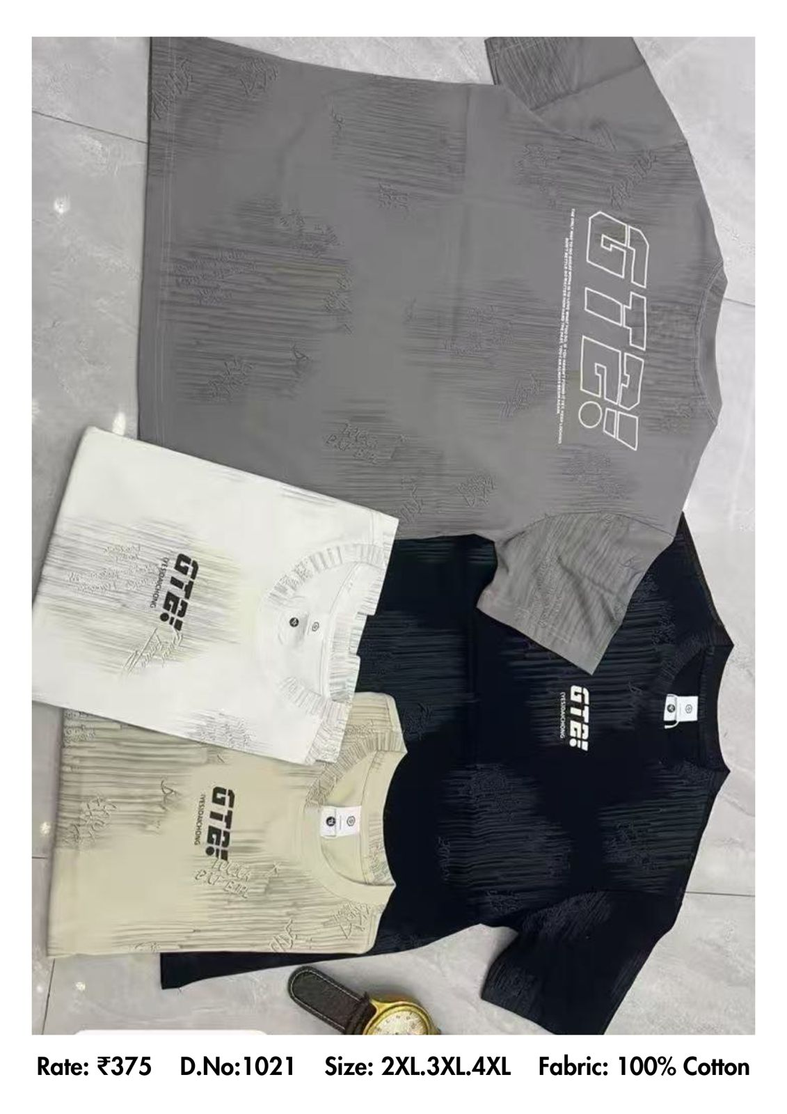 GTG Textured Jacquard Graphic Oversized Round Neck T-Shirt D.No.1021 - Grey Black Off-White Beige - 2XL 3XL 4XL