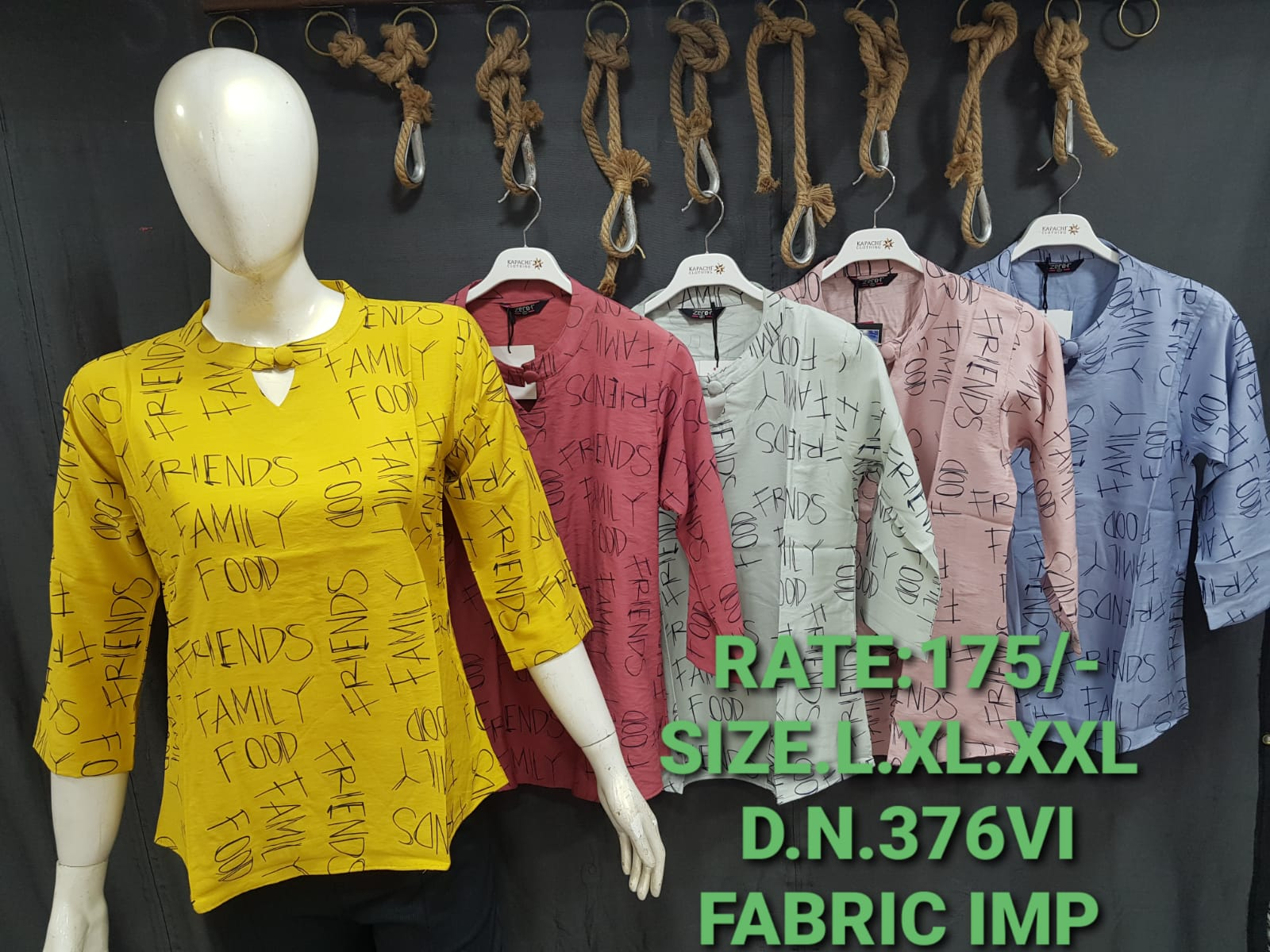 DN 376VI Typography Print IMP Fabric Top in Mustard Yellow, Dusty Rose, Mint Green, Blush Pink and Steel Blue - Friends Family Food Print