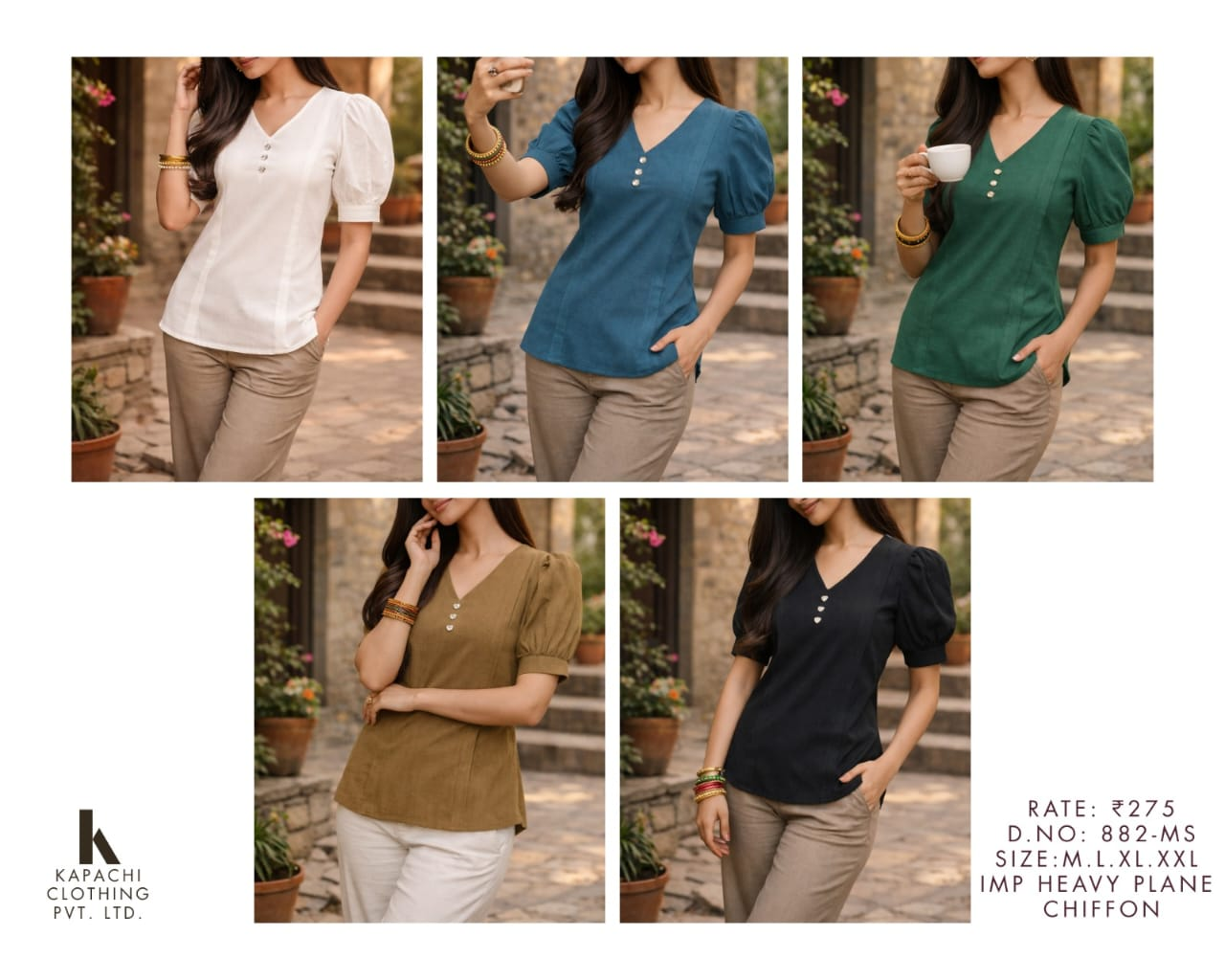 Women's Puff Sleeve Heavy Chiffon Top V-Neck 5 Colours D.No 882-MS - Kapachi Clothing