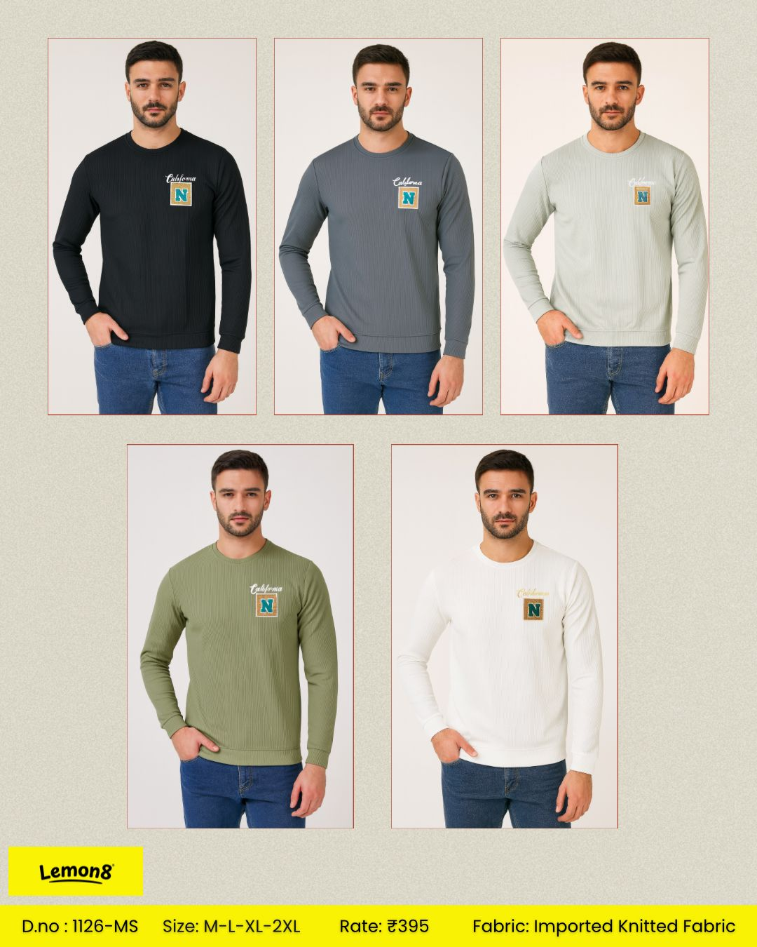 Men's California Varsity Badge Full Sleeve Sweatshirt in 5 colours - Black, Charcoal Grey, Light Grey, Olive Green and Off-White Cream
