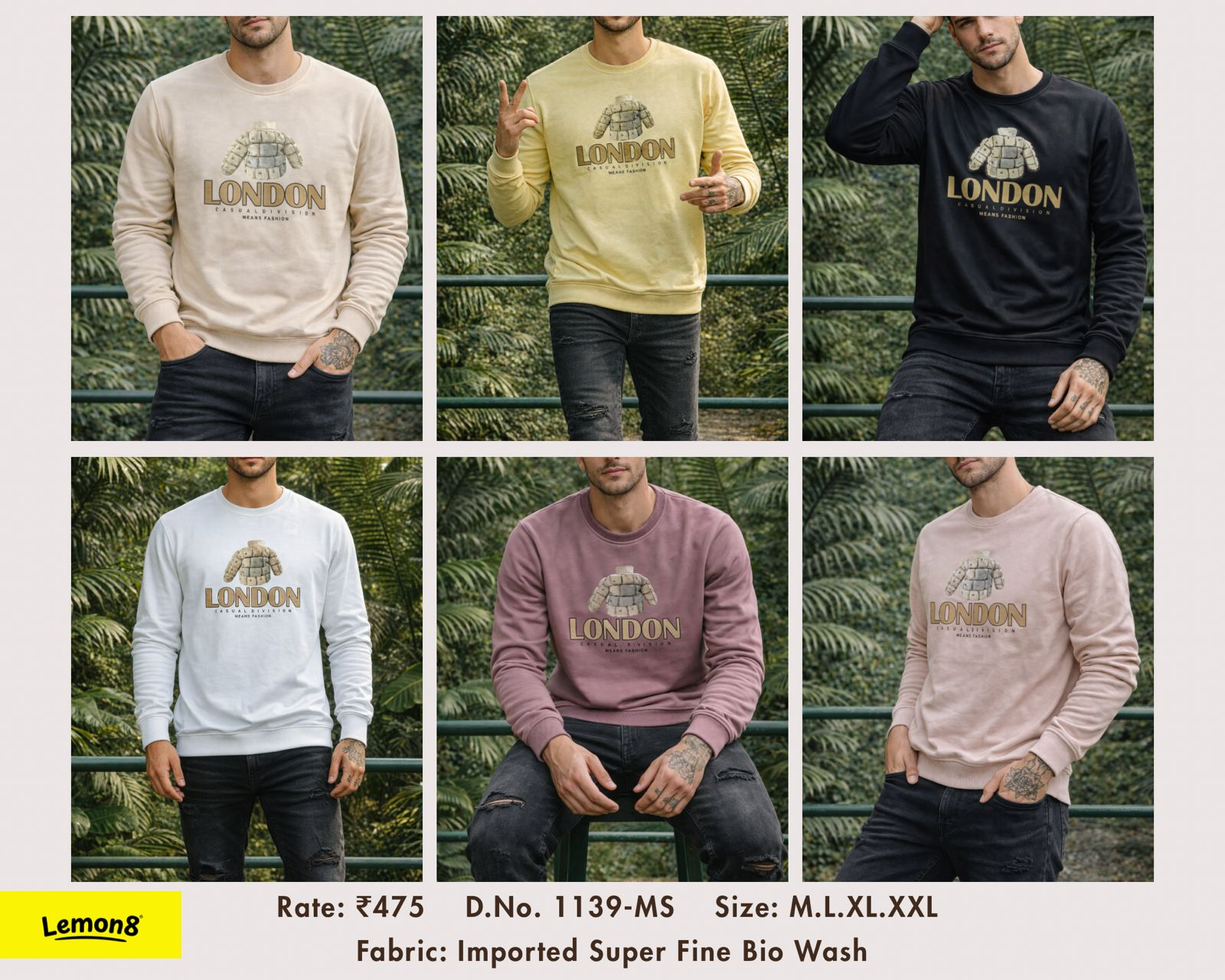 Men's London Graphic Crew Neck Sweatshirt in 6 colours - Beige, Yellow, Black, White, Mauve and Light Pink