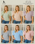 Mariyo Checks Balloon Sleeve V-Neck Top in Mint Green Peach Lavender Grey Blue and Pink - Kapachi Clothing