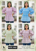 Cotton Chickankari Puff Sleeve Tunic Top in Lilac, Blue, Green and Mauve - Kapachi Clothing