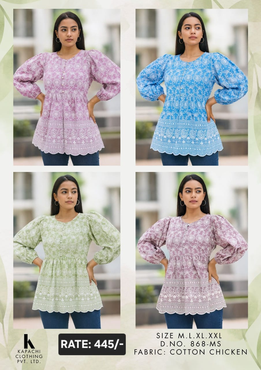 Cotton Chickankari Puff Sleeve Tunic Top in Lilac, Blue, Green and Mauve - Kapachi Clothing