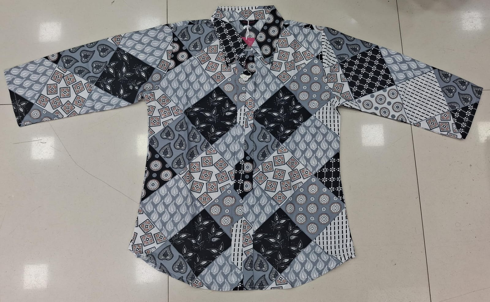 Patchwork Block Print Full Sleeve Shirt in Black, Grey and White - Cotton Blend Ethnic Fusion Top
