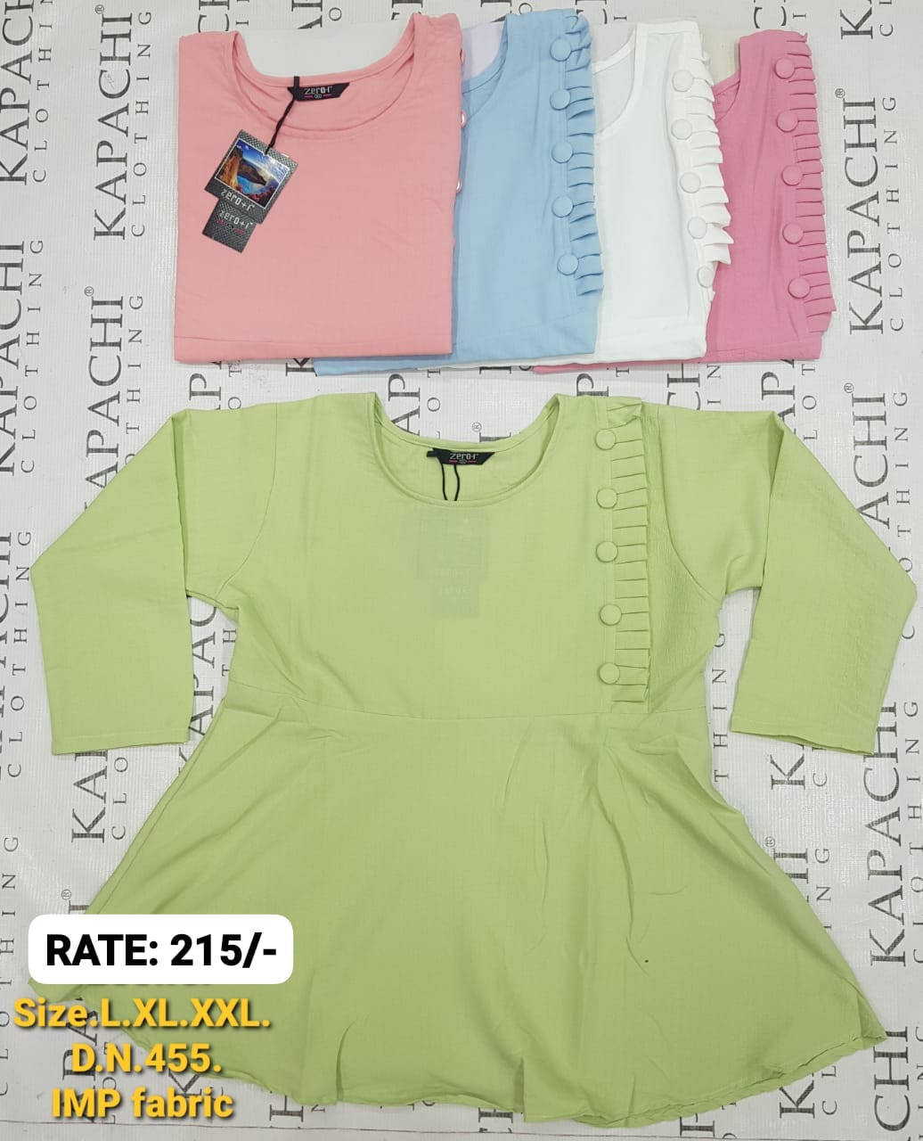 DN 455 Ruffle Detail Peplum Top in Lime Green, Peach Pink, Sky Blue, White and Rose Pink - IMP Fabric Plain Solid