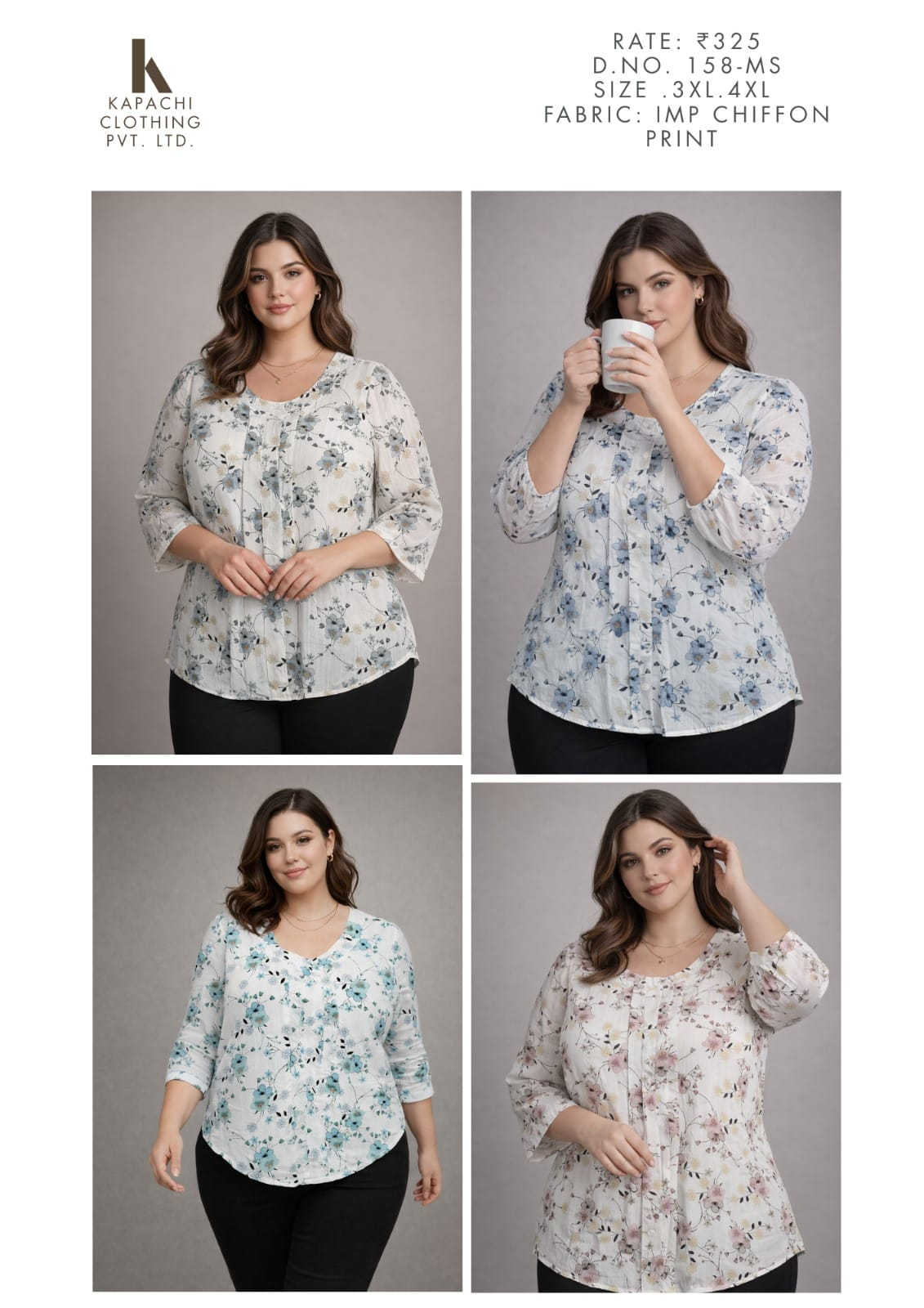 Floral Printed Imported Chiffon Top for Women - Plus Size 3XL 4XL - D.No. 158-MS - Kapachi Clothing
