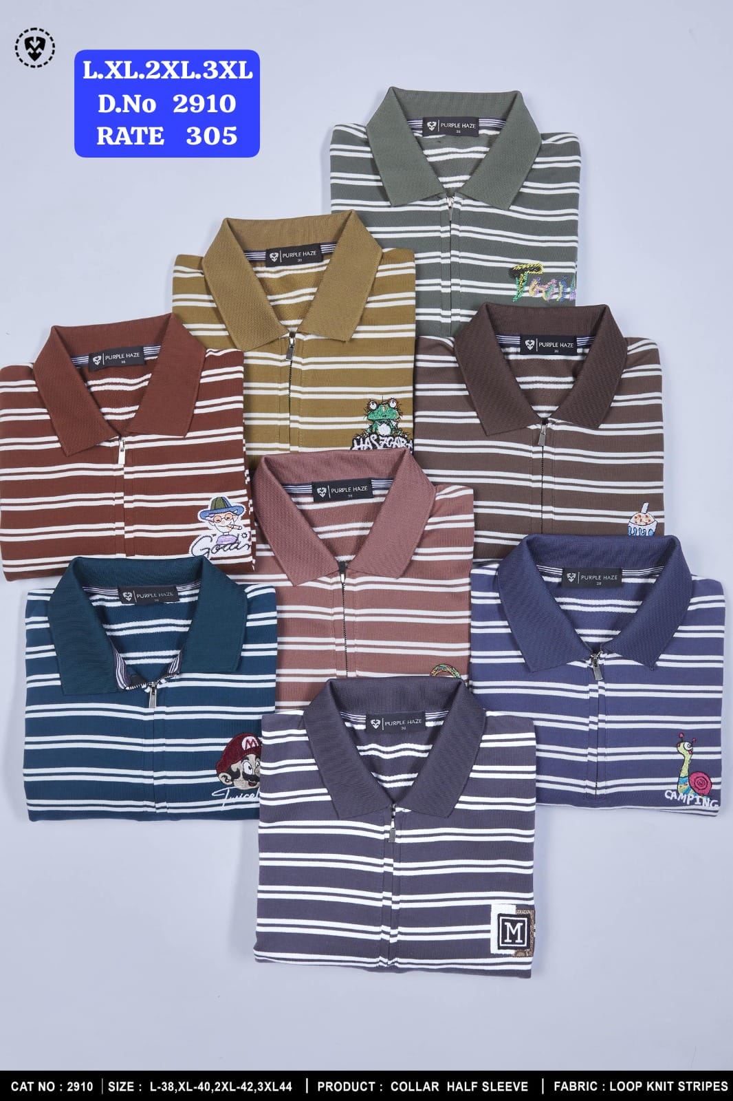 Purple Haze Striped Collar Half Sleeve Polo T-Shirt in multiple colour combinations with character embroidery patches