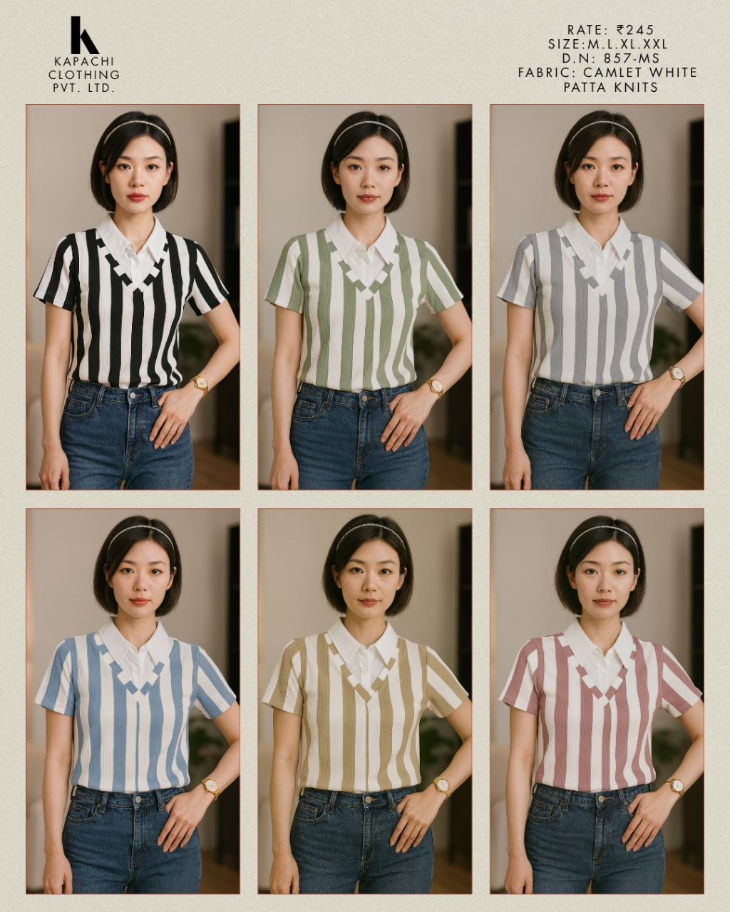 Women's Striped Polo Collar Top D.N. 857-MS in 6 colours – Kapachi Clothing