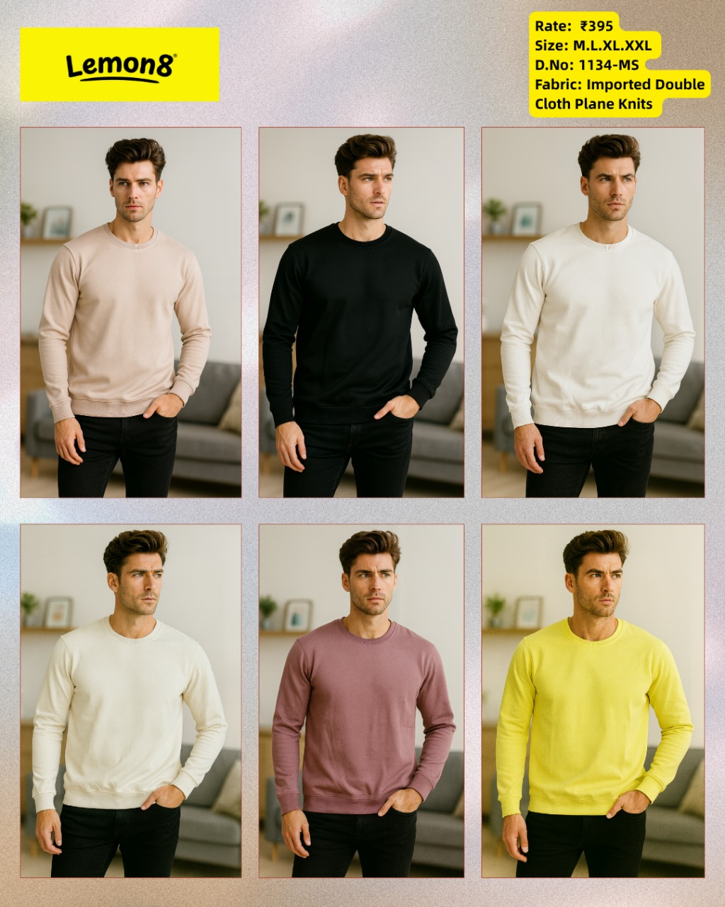 Men's Solid Plain Crew Neck Sweatshirt in 6 colours - Beige, Black, Off-White, Cream, Mauve and Yellow-Green