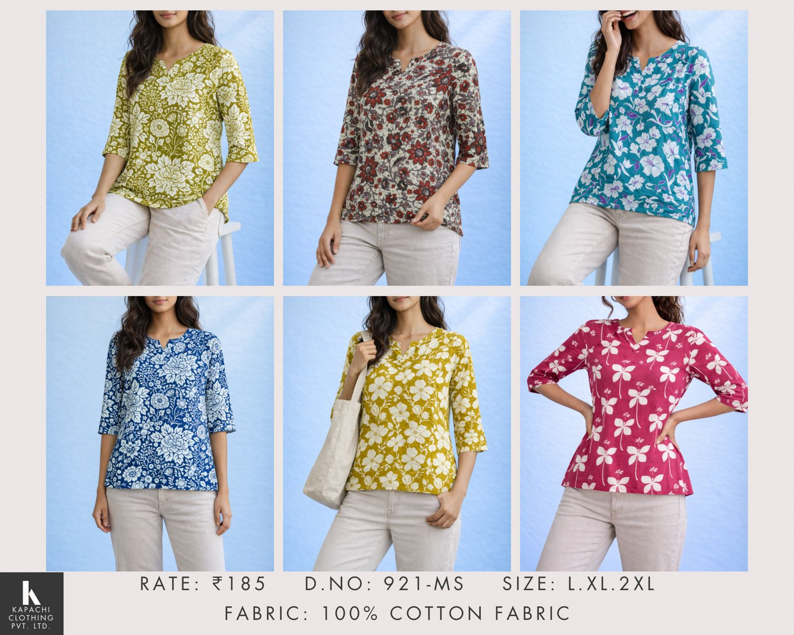 DN 921-MS Floral Print 3/4 Sleeve Cotton Top in Olive Green, Brown, Teal, Blue, Yellow Green and Pink - 100% Cotton Fabric
