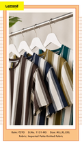 Men's bold vertical stripe round neck T-shirts hanging on rack in 4 colours: brown, navy blue, olive green and teal green with white pinstripes, imported patta knitted fabric
