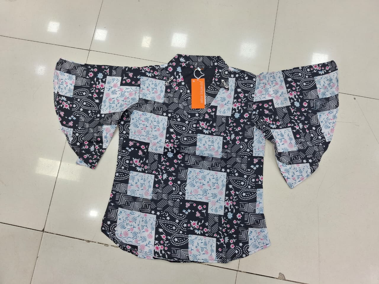 Patchwork Floral Print Butterfly Sleeve Top – Navy Blue, White, Pink & Teal – Kapachi Clothing