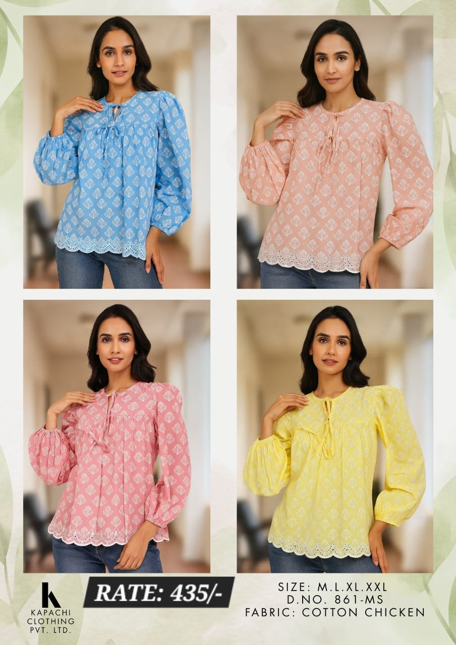 Cotton Chickankari Puff Sleeve Top in Sky Blue, Pink and Yellow - Kapachi Clothing