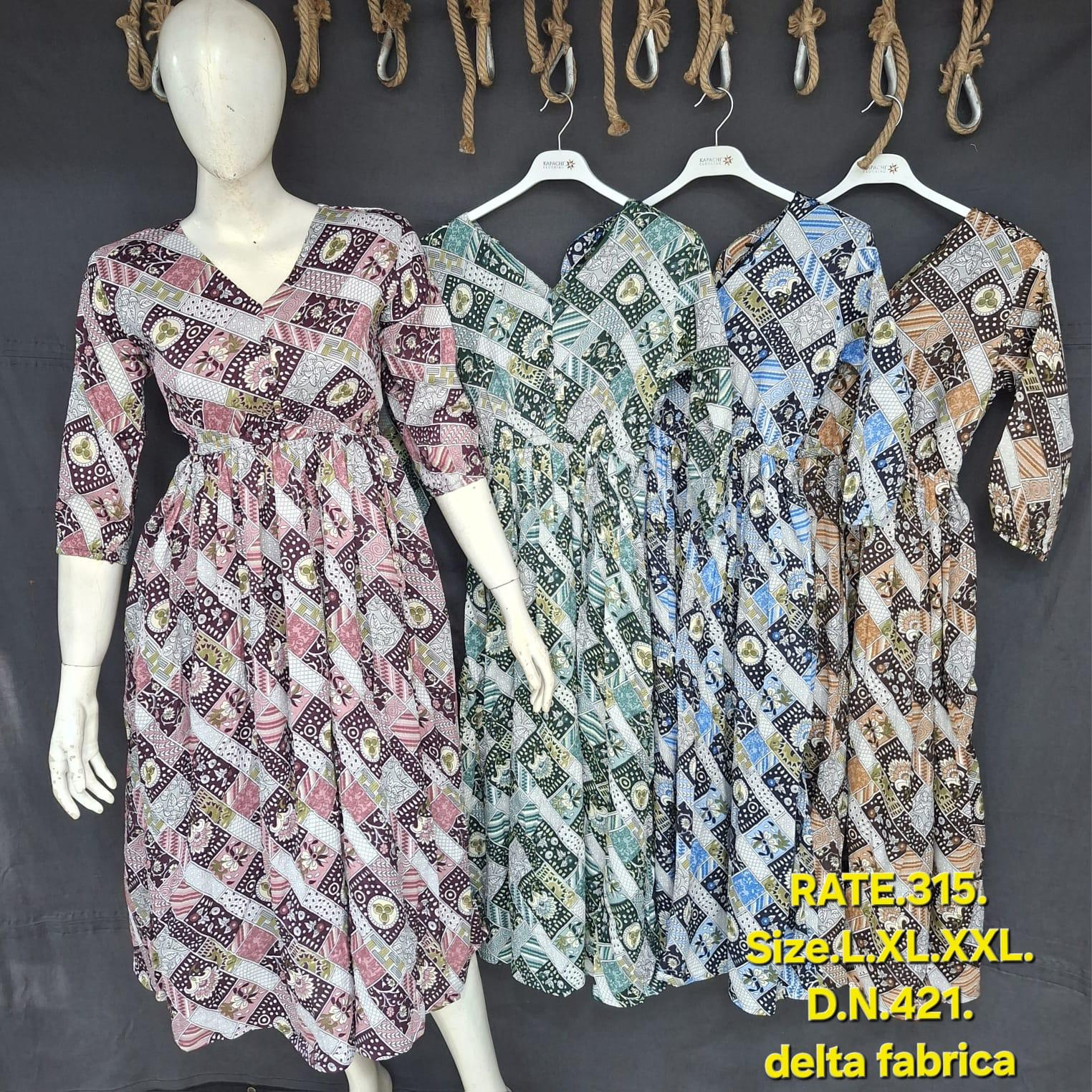 Patchwork Print Flared Midi Dress for Women - V-Neck Empire Waist - Sizes L XL XXL - 4 Colour Variants - D.No. 421 - Kapachi Clothing