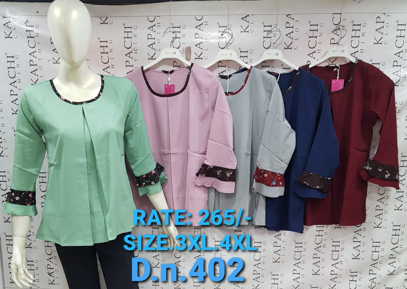 Women's Plus Size Floral Contrast Cuff Round Neck Top in Mint Green, Blush Pink, Grey, Navy Blue and Maroon – D.N. 402