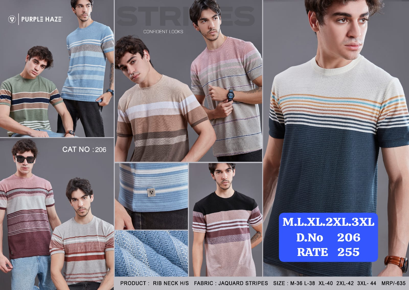 Purple Haze Jacquard Stripe Rib Neck Half Sleeve T-Shirt in multiple colour combinations including sage green, beige, pink, cream, sky blue, black, charcoal and grey