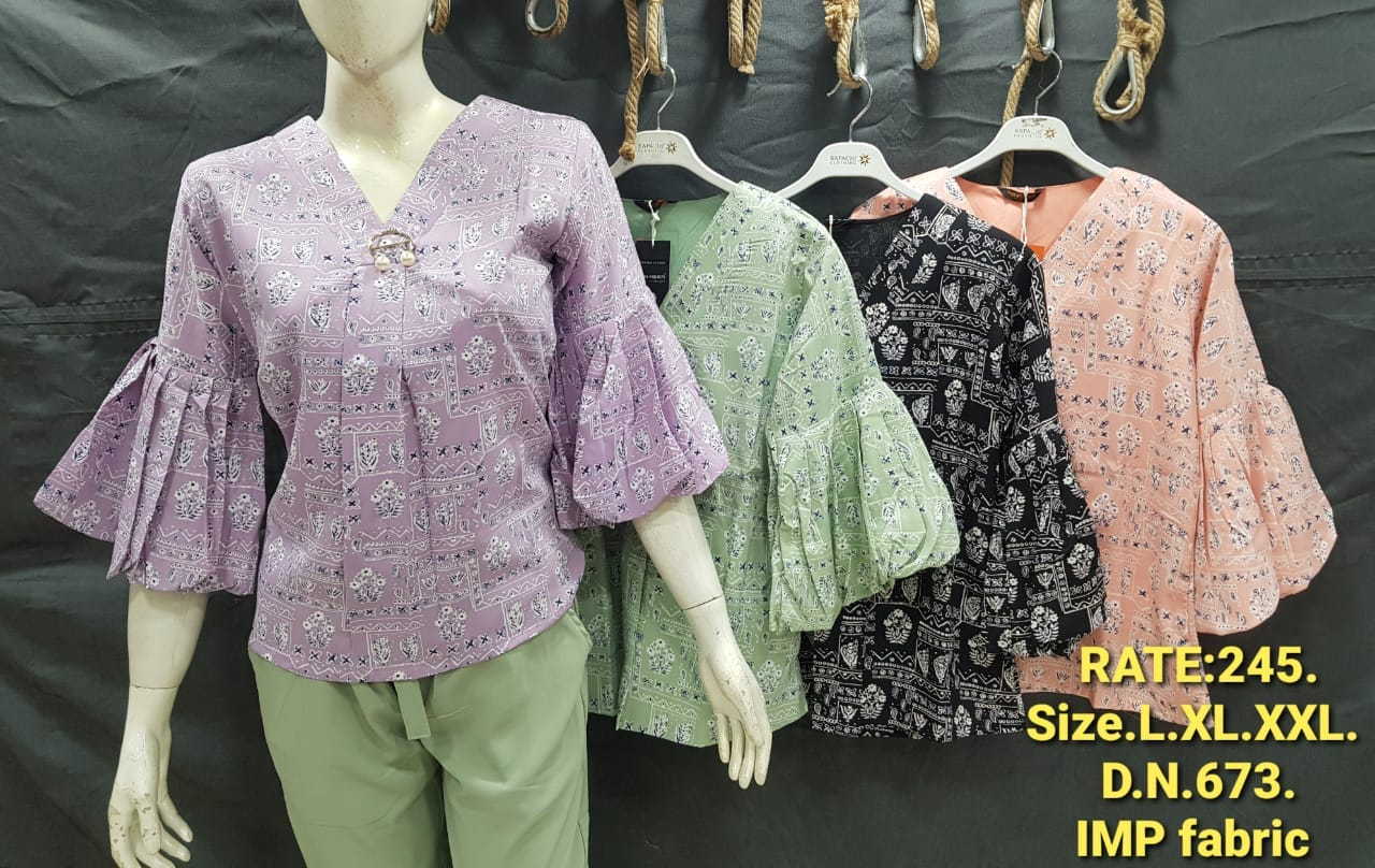 DN 673 Bell Sleeve Printed Top in Lavender, Mint Green, Black and Peach - IMP Fabric