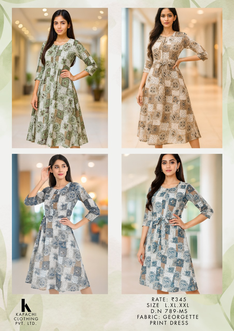 Georgette Patchwork Print Flared Midi Dress for Women - Self-Tie Belt Lace Trim Sleeves - Sizes L XL XXL - 4 Colour Variants - D.No. 789-MS - Kapachi Clothing