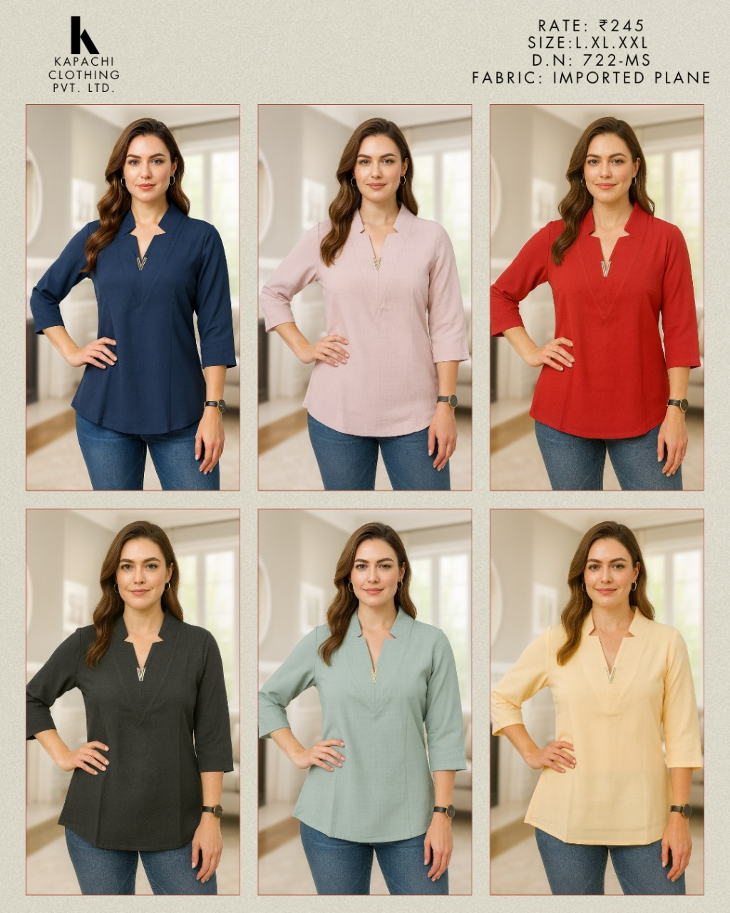 Women's Imported Plain V-Neck Top – 3/4 Sleeve | Miss Kapachi