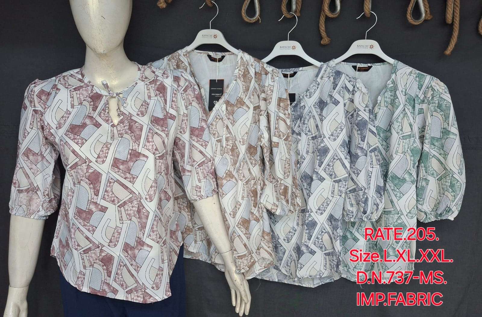 Miss Kapachi D.N. 737-MS Printed Puff Sleeve V-Neck Top in Mauve Blue, Beige Taupe and Grey Blue-Green – front view