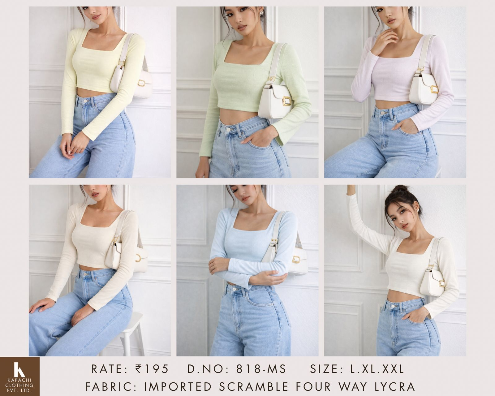 Women's Square Neck Long Sleeve Crop Top – 4-Way Lycra | Pastel Colours | Miss Kapachi