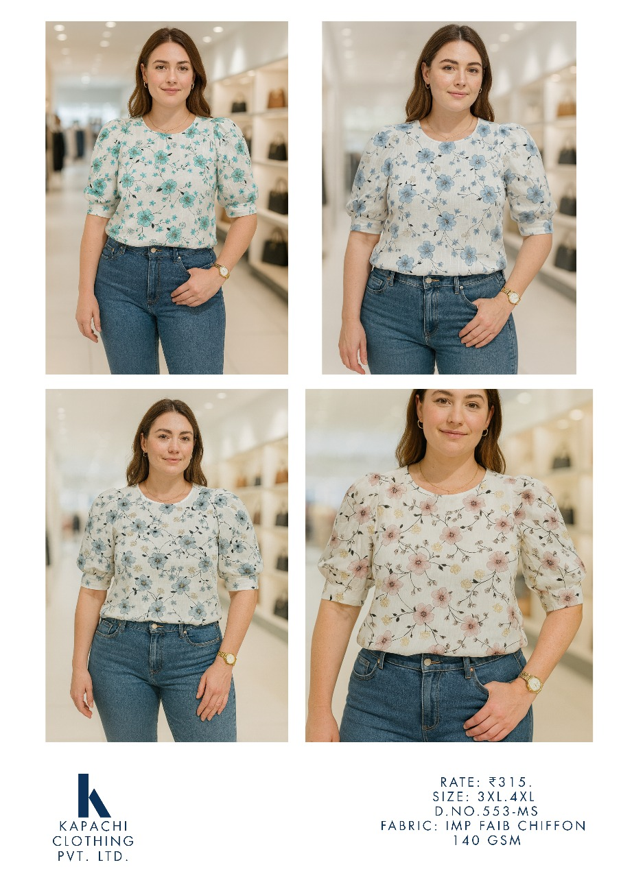 Kapachi 553-MS Floral Printed Chiffon Top in 4 colour variants – 3XL 4XL