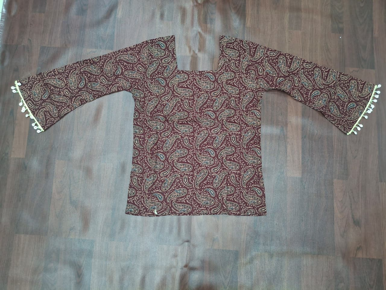 Maroon Paisley Print Bell Sleeve Top with Pom-Pom Cuffs - Kapachi Clothing