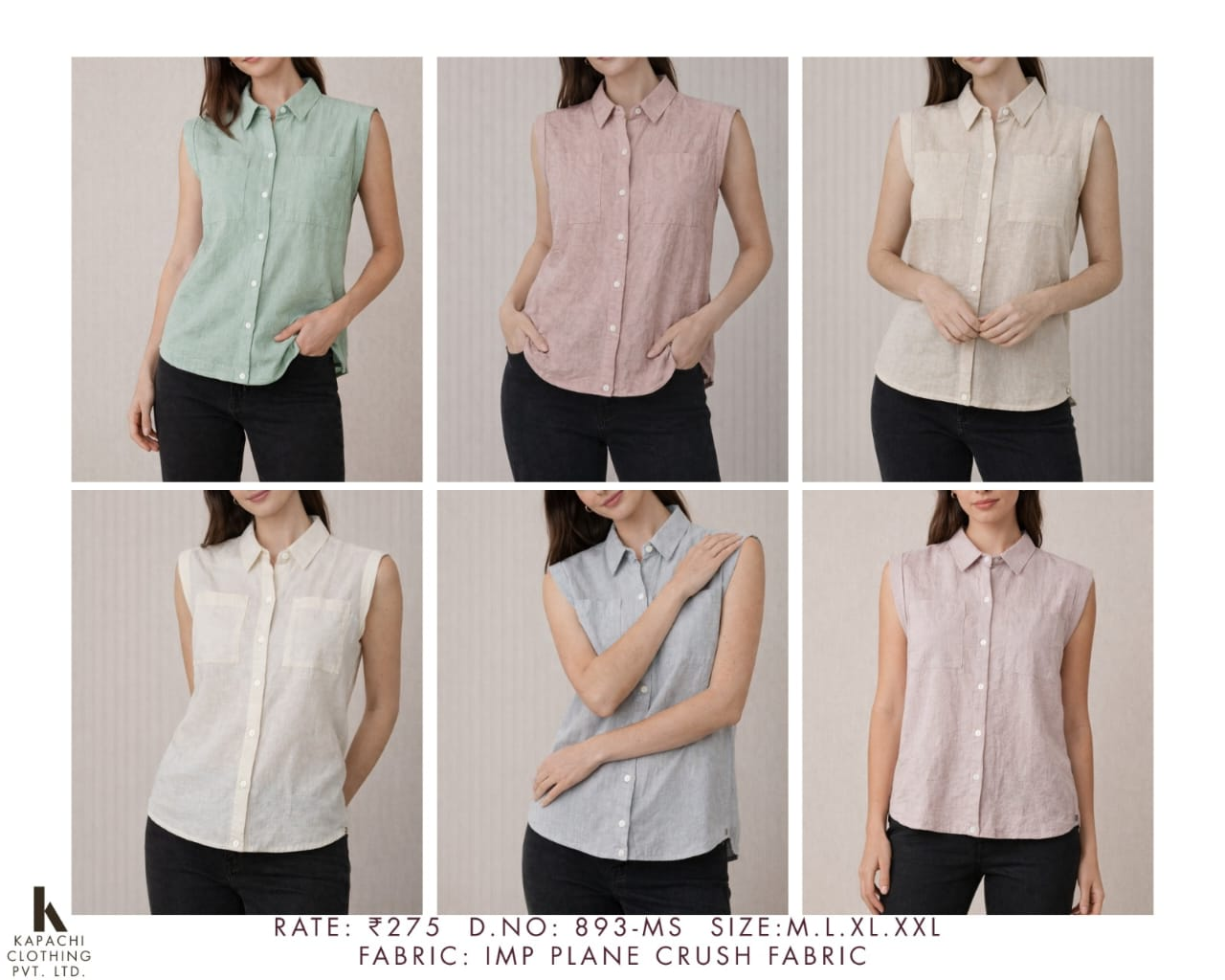 Women's Sleeveless IMP Plane Crush Fabric Shirt in 6 Pastel Colours - D.No 893-MS
