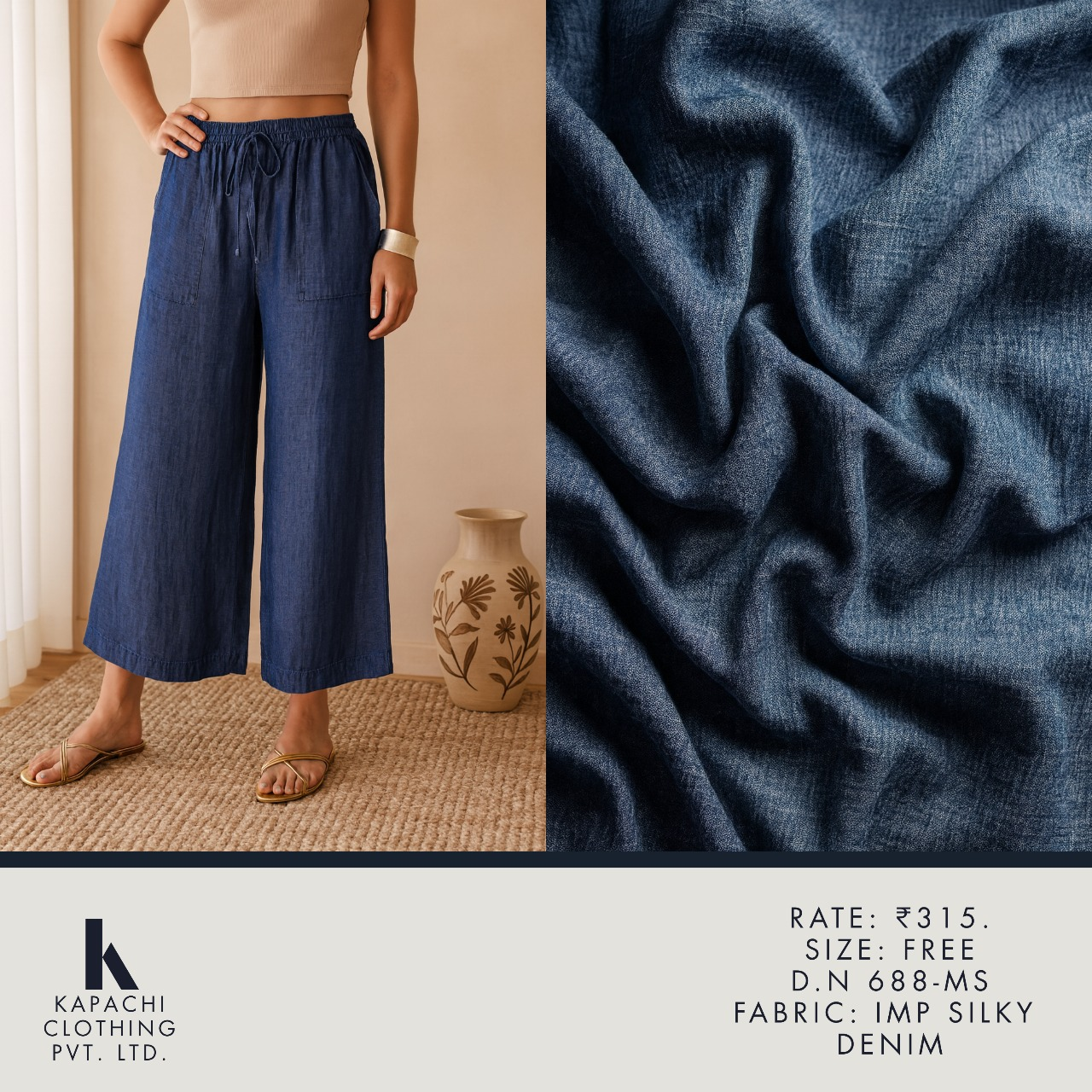 Imported Silky Denim Wide-Leg Palazzo Culottes 688-MS – Navy Blue, Free Size